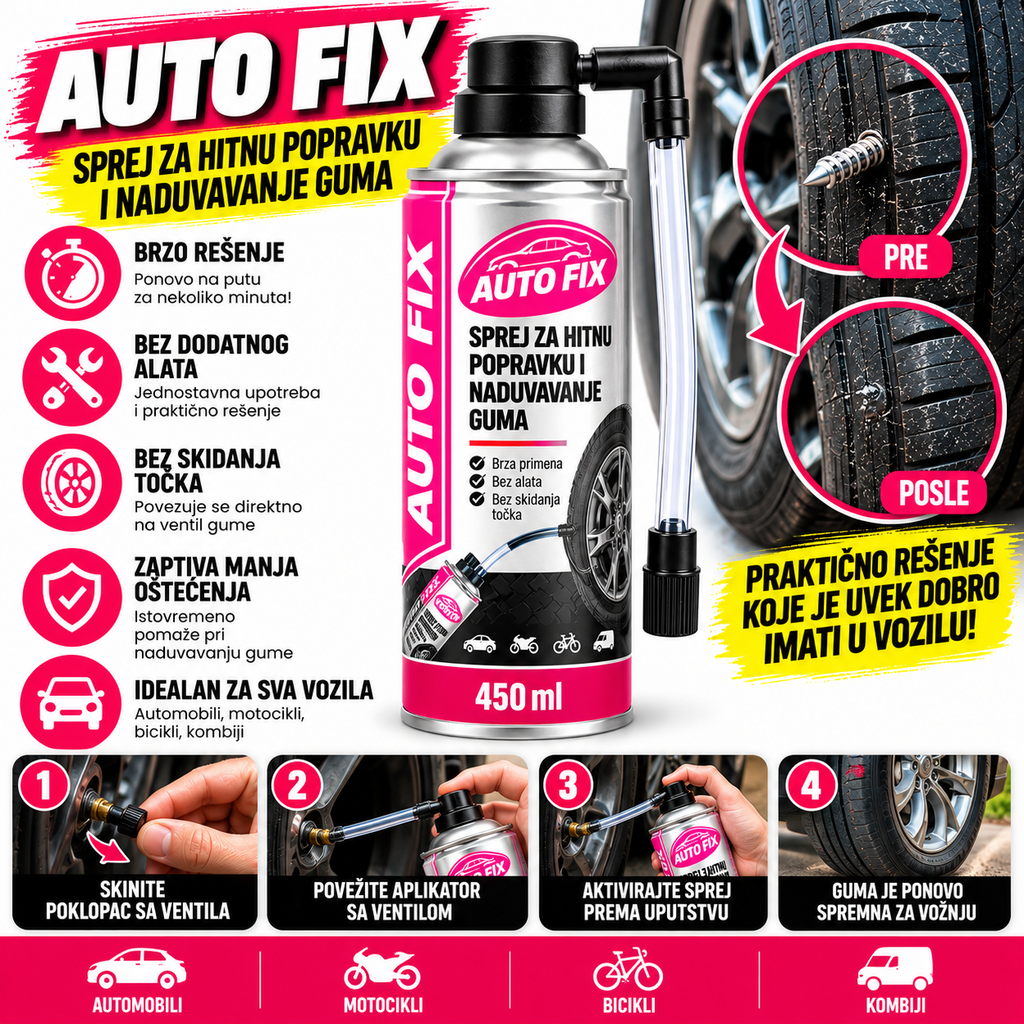 🚗 AUTO FIX – Sprej za hitnu popravku i naduvavanje guma